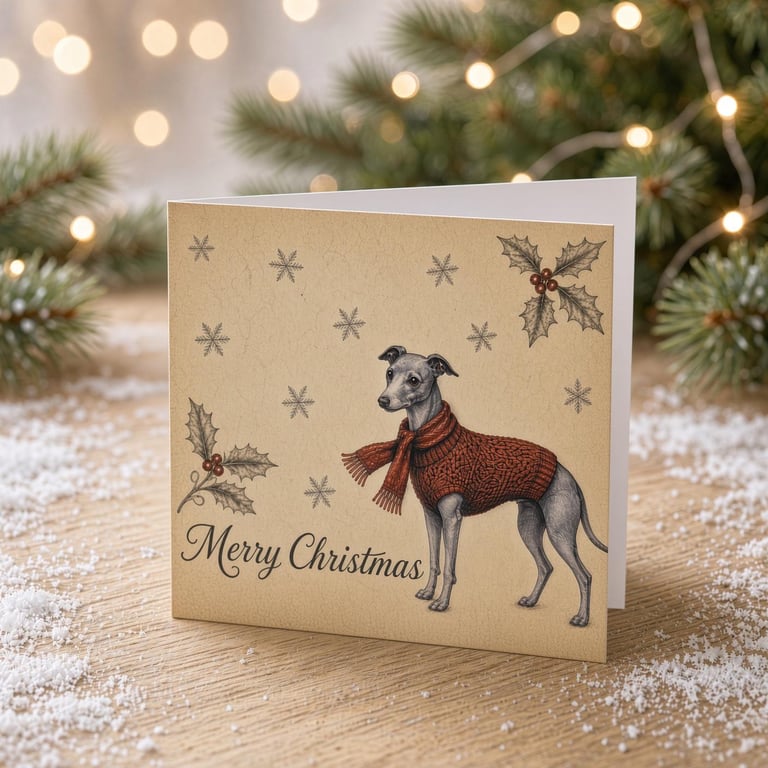 Whippet Christmas Cards, Pack of 10 with Envelopes, Vintage Sketch