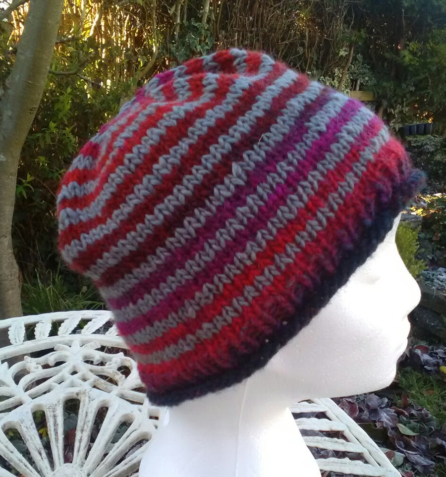 Handknit Noro Roll up Beanie Hat 100% wool Red Purple Grey Medium