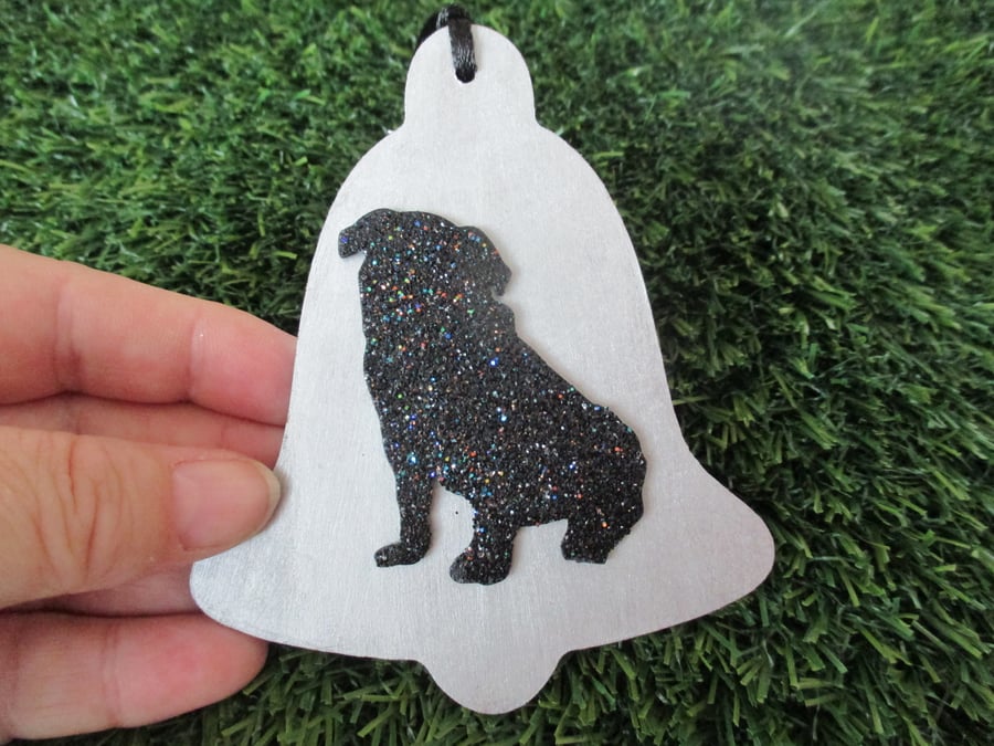 Pug dog Christmas tree decoration bell bauble silver twinkly glitter wooden 