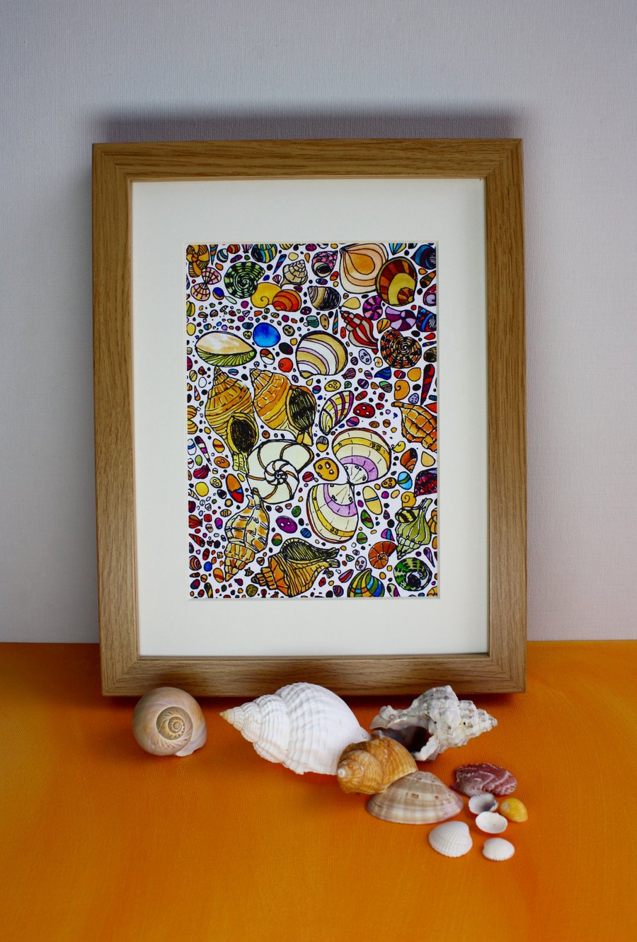 SHELLS ON THE SHORE-PEN AND WATERCOLOUR SKETCH-GICLEE PRINT - WOOD EFFECT FRAME