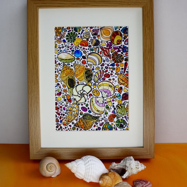 SHELLS ON THE SHORE-PEN AND WATERCOLOUR SKETCH-GICLEE PRINT - WOOD EFFECT FRAME