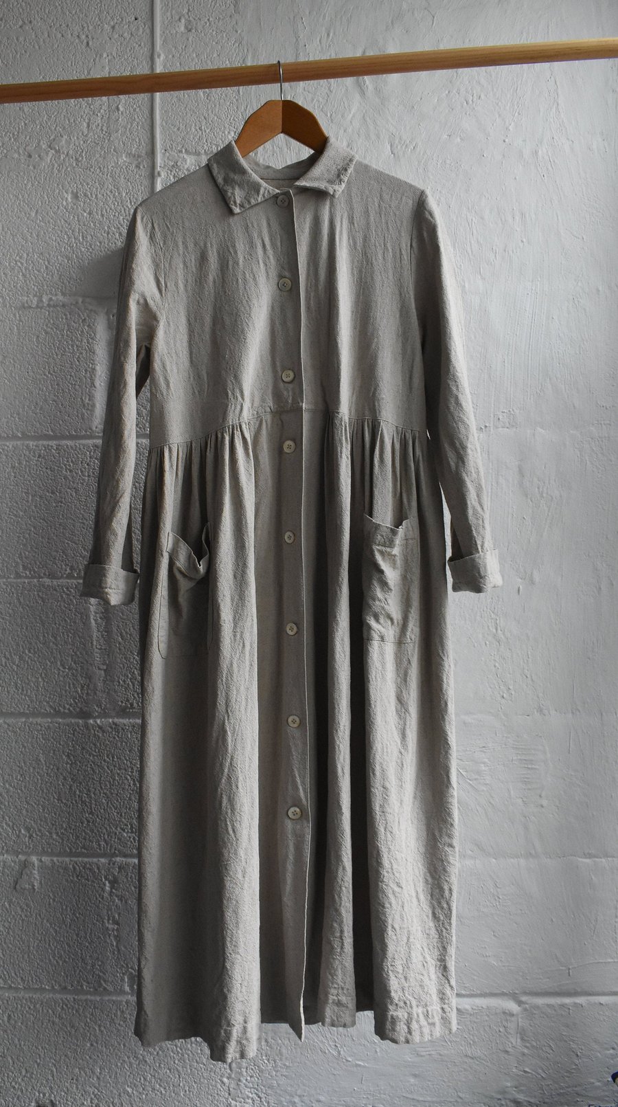 Natural Undyed Pure Irish Linen Gathered Loose Smock Sack Dress Coat - Size M 