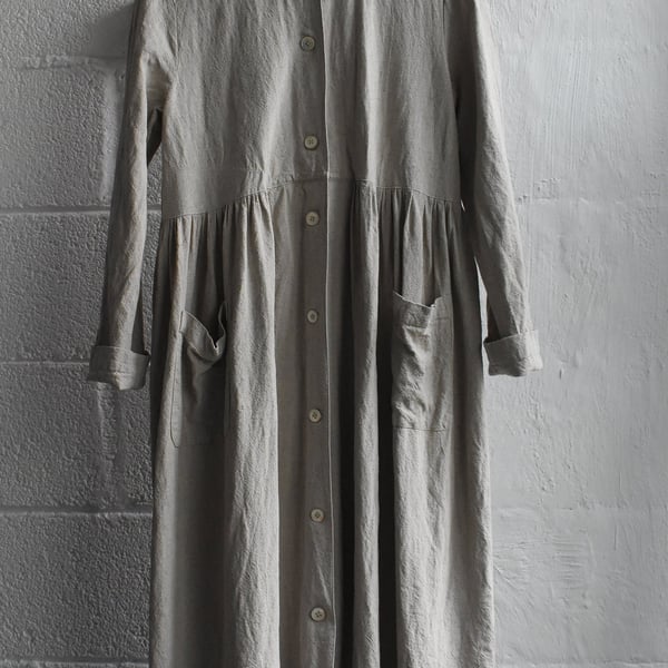 Natural Undyed Pure Irish Linen Gathered Loose Smock Sack Dress Coat - Size M 