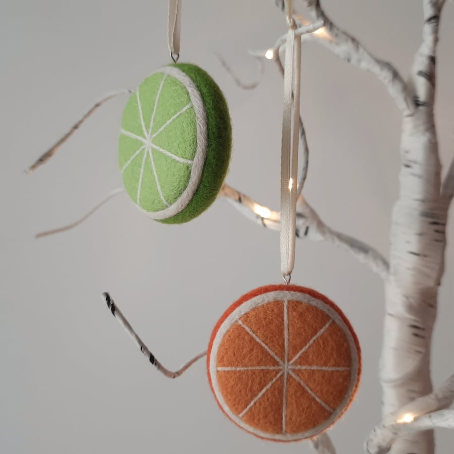Set of 2 Needle Felted Citrus Fruits Christmas Decorations-Orange & Lime