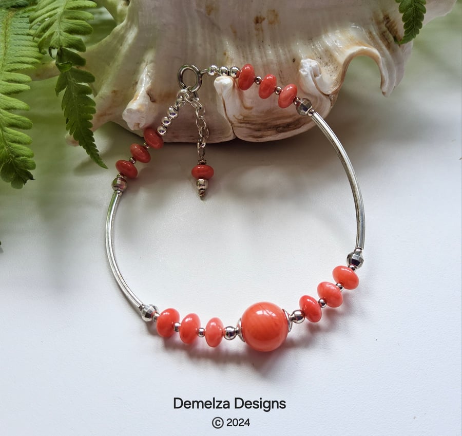Designer Eco Reclaimed Peach Coral Sterling Silver Bracelet Free size