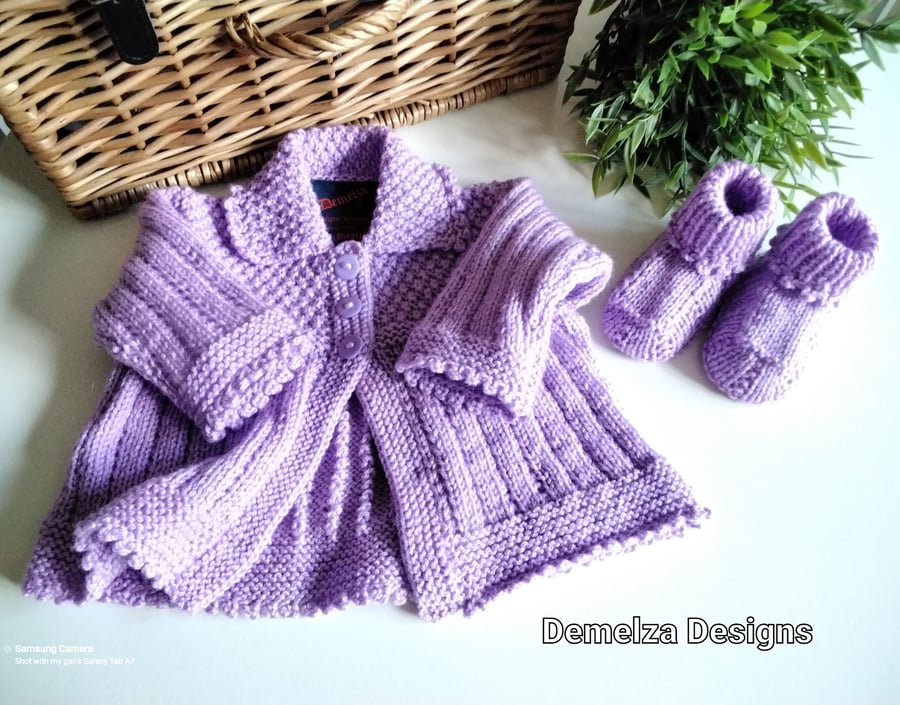  Lilac Cosy Baby Jacket & Booties Gift Set  0-3 months size 