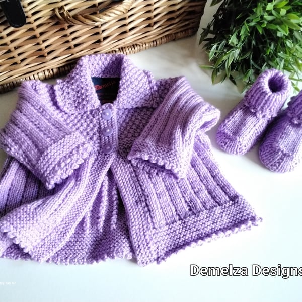  Lilac Cosy Baby Jacket & Booties Gift Set  0-3 months size 