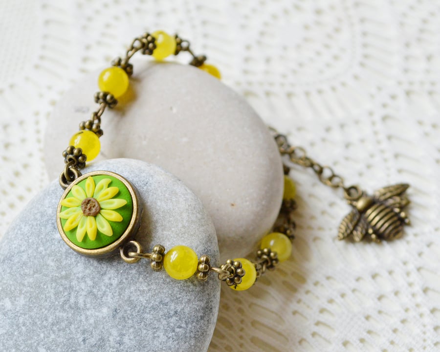 Polymer Clay Sunflower & Bumble Bee Bracelet