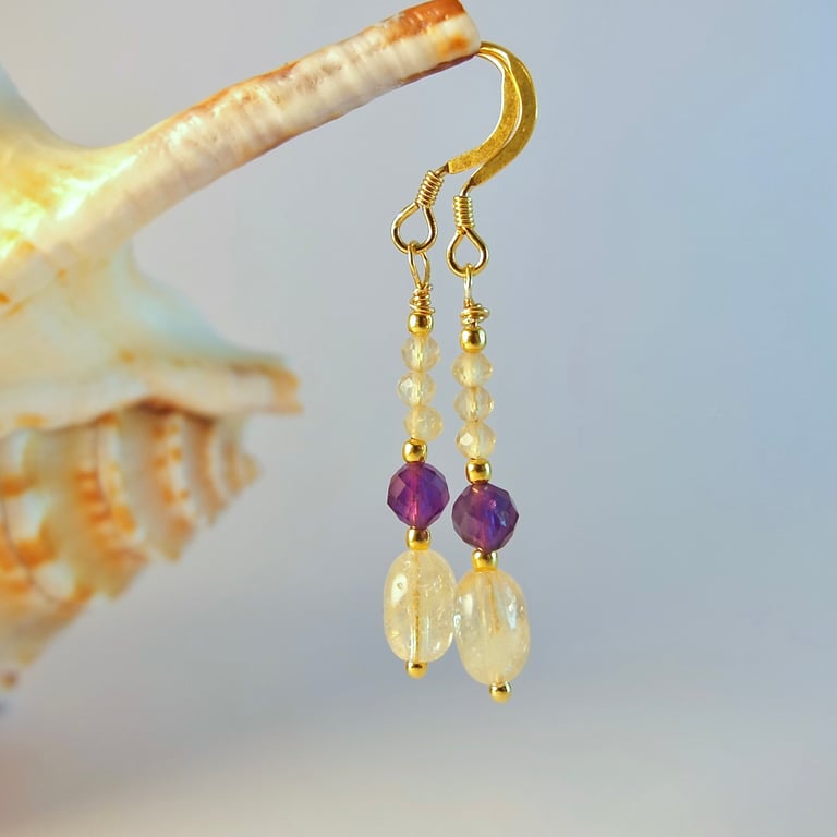 Citrine & Amethyst Gemstone Earrings, November Birthday, Gift For Scorpio