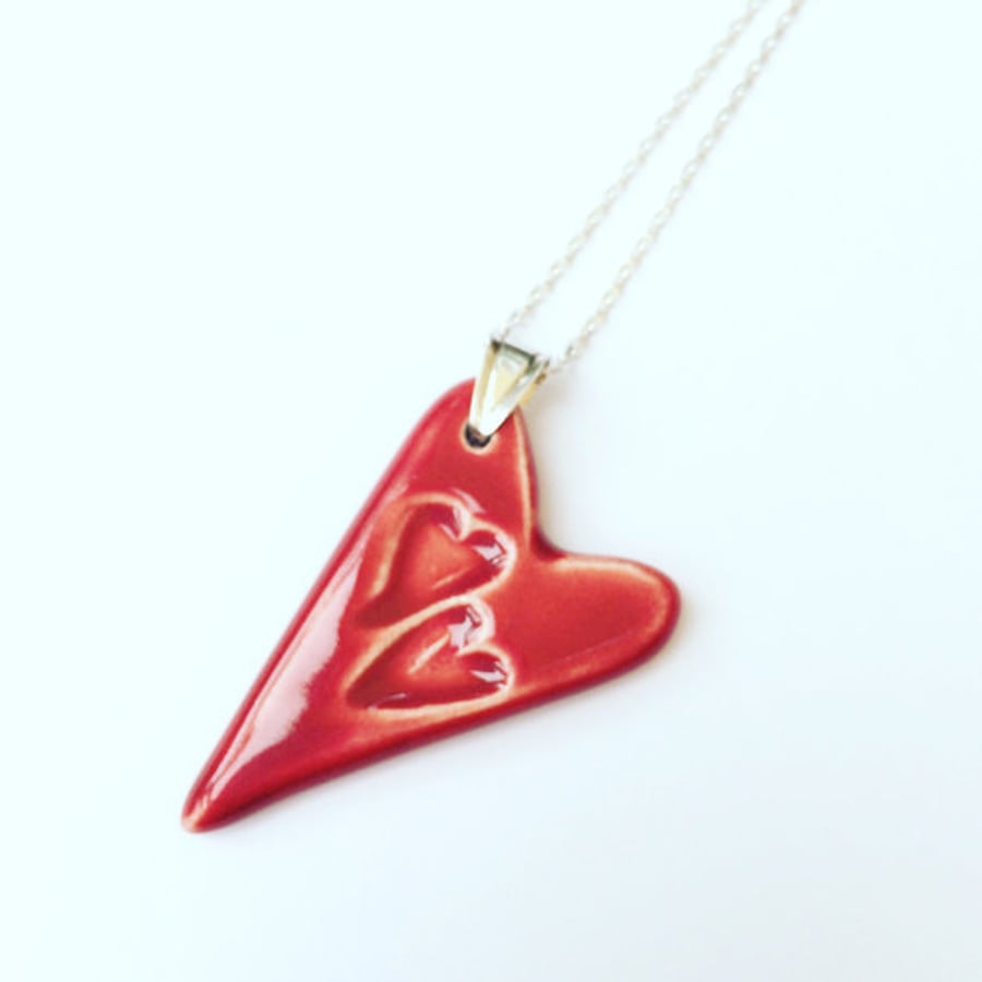 SALE - Ceramic RedHeart Pendant Necklace - Sterling Silver