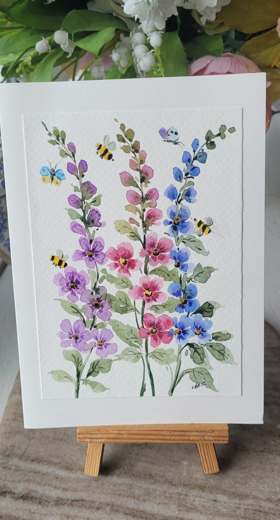 Original watercolor greeting card, summer fowers, special occasion, Unique