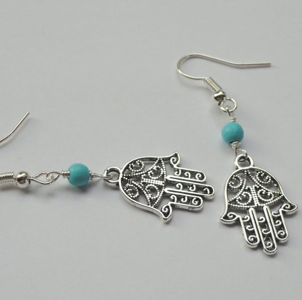 Silver hamsa turquoise earrings