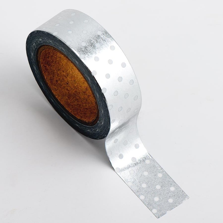 Silver Polka Dot Foil Adhesive Washi Tape 15mm x 10m