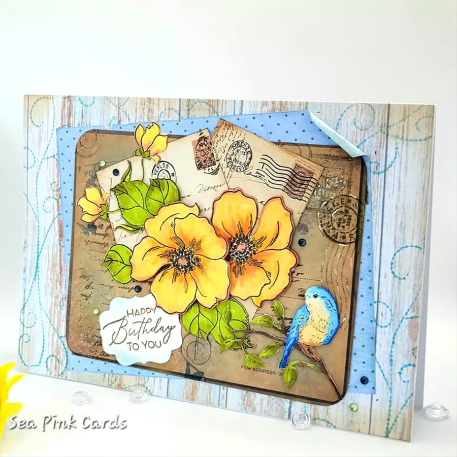 Birthday Card Vintage Inspired Design - 3D, layered, handmade, bird, flowers