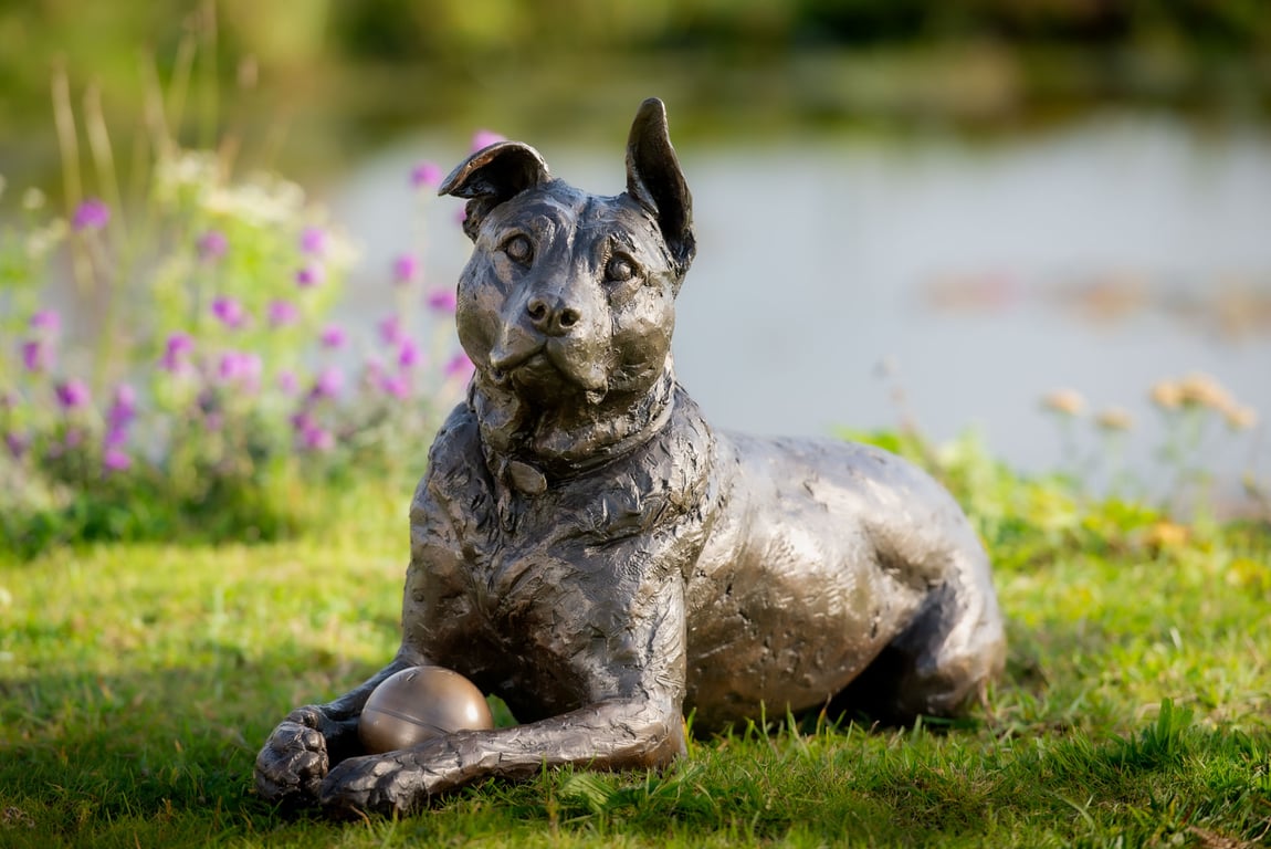 Lying Crossbreed Dog With Ball Statue Large Bronze Resin Garden Sculpture