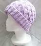 Lilac hand-knitted Aran Cable matching set, hat, cowl & fingerless mitts - Image 3