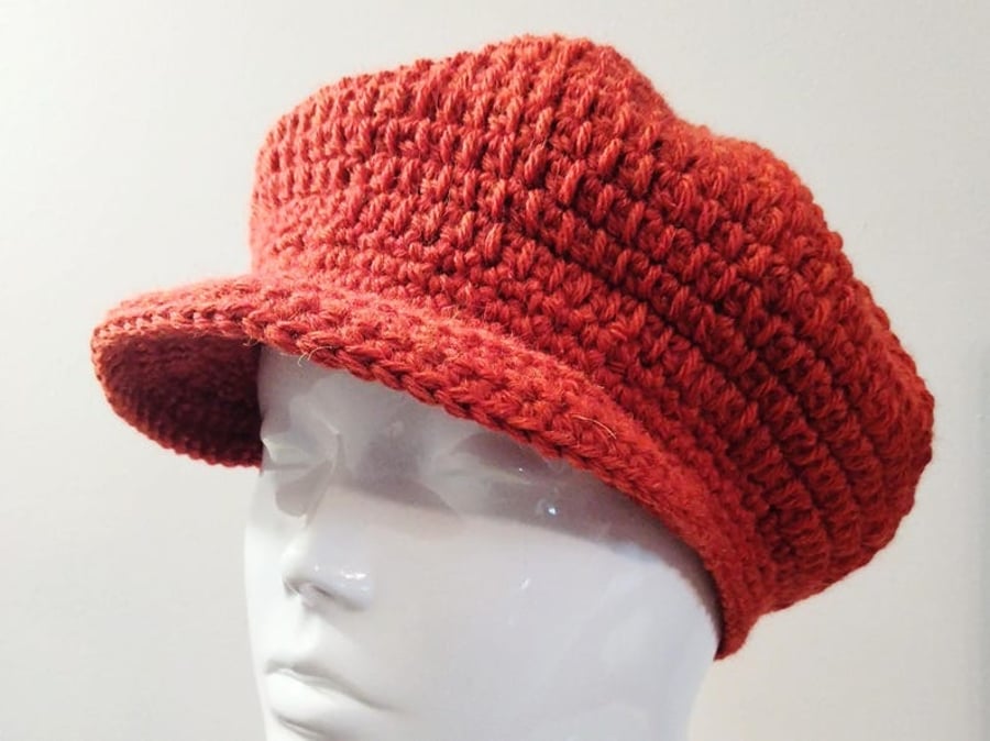 Woollen Crochet Baker Boy Cap in Russet with Navy Lining