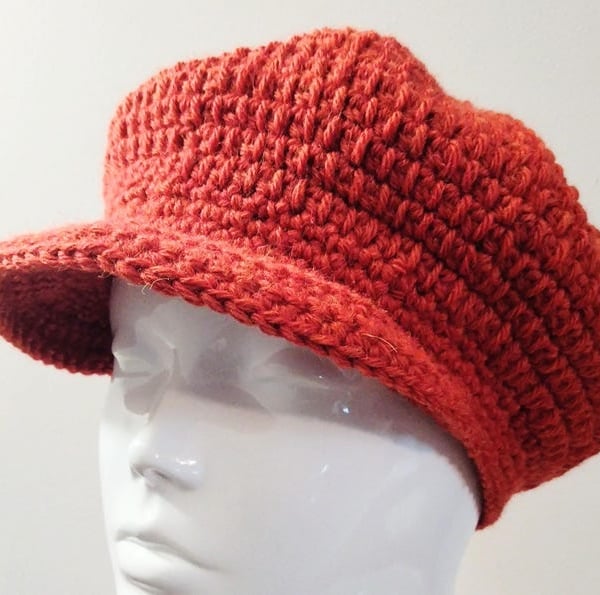 Woollen Crochet Baker Boy Cap in Russet with Navy Lining