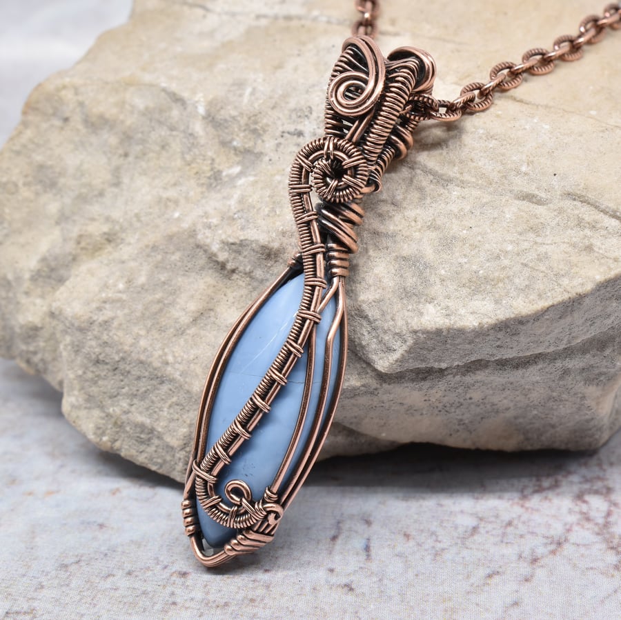 Wire Wrapped Owyhee Blue Opal and Copper Pendant
