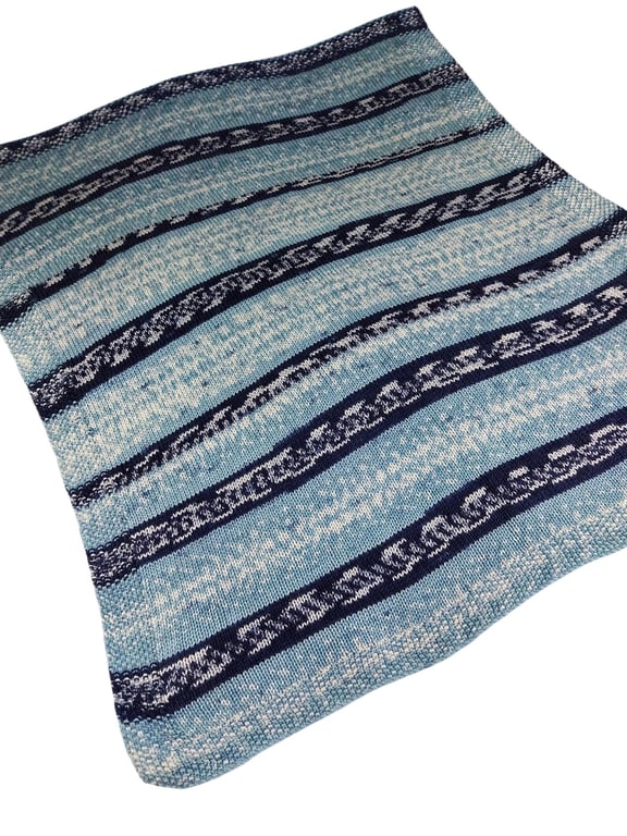 Hand Knitted Baby Blanket Blue and Cream Fair Isle Pram Blanket