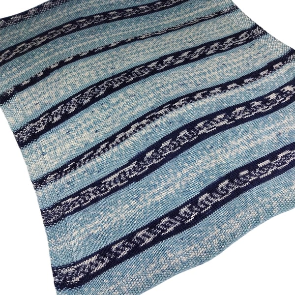 Hand Knitted Baby Blanket Blue and Cream Fair Isle Pram Blanket