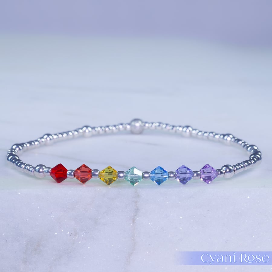 Bracelet rainbow chakra sterling silver and Swarovski handmade stretchy
