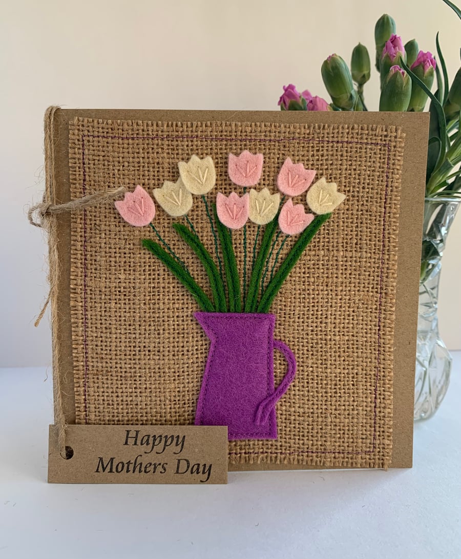 Handmade Mother’s Day Card. Pink and cream flowers from wool felt. Keepsake.