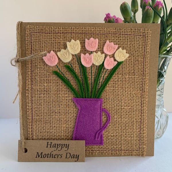 Handmade Mother’s Day Card. Pink and cream flowers from wool felt. Keepsake.