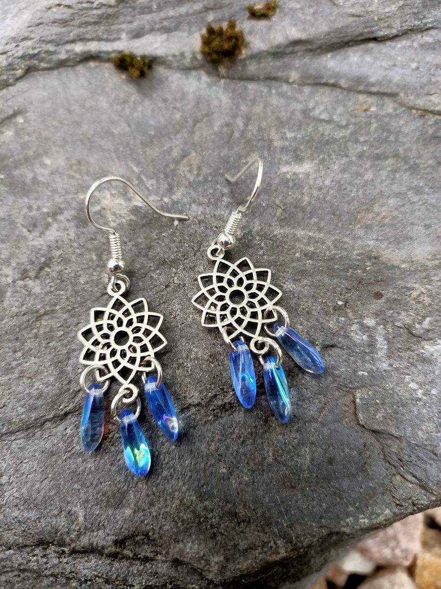 Dreamcatcher inspired blue beaded dangle drop earrings