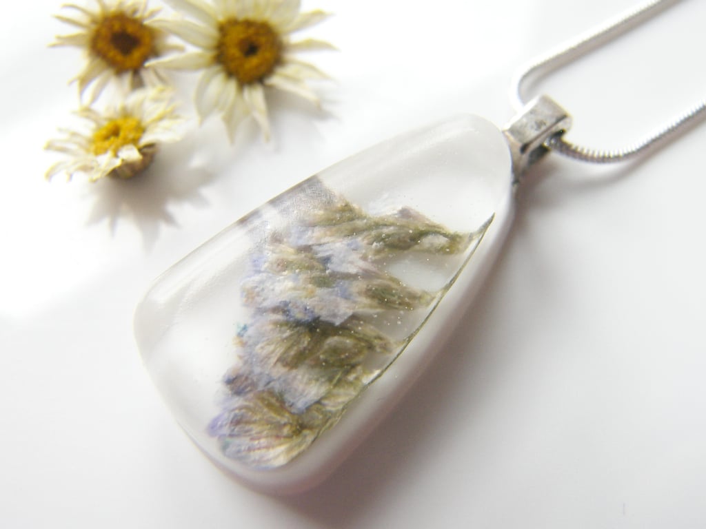 Real Sea Lavender White Resin Necklace Teardrop Pendant - SEA LAVENDER