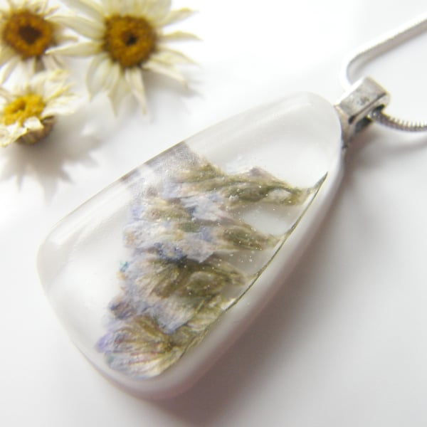 Real Sea Lavender White Resin Necklace Teardrop Pendant - SEA LAVENDER