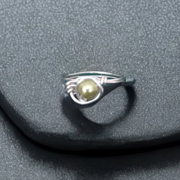 Plus Size Ladies Ring, Sage Coloured Glass Pearl, Tarnish Resistant, Size X
