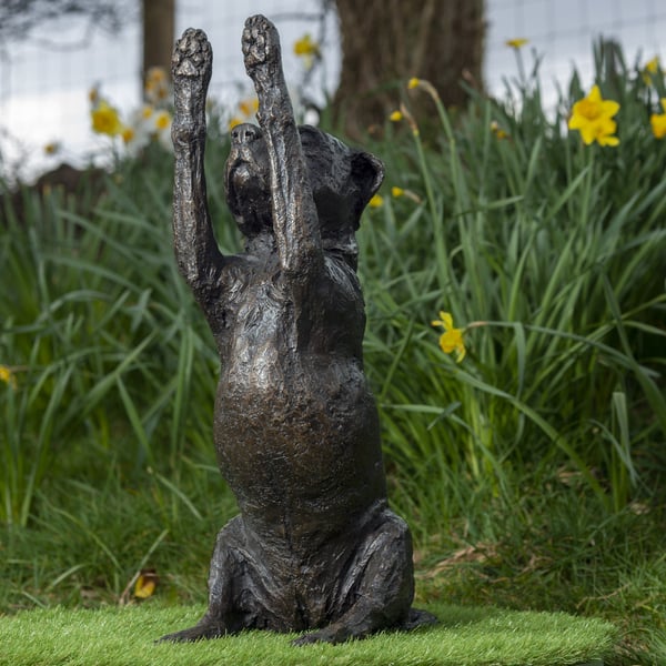 Staffie Waving Paws Dog Statue Large Bronze Resin Garden Sculpture