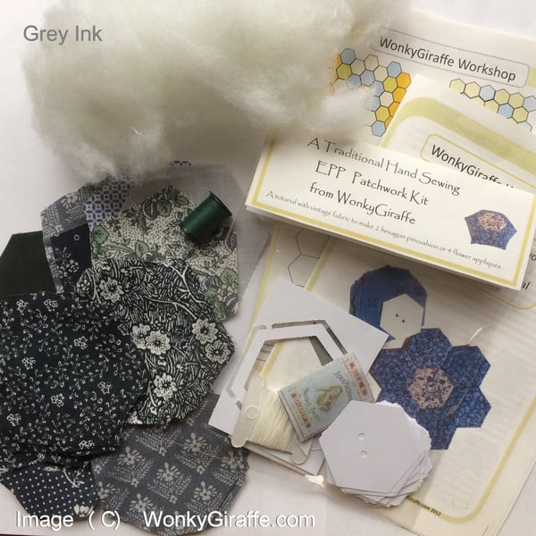 Starter EPP Hand Patchwork Kit vintage Laura Ashley grey greenfabric hexagons 