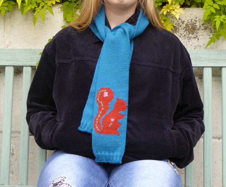 Red Squirrel Knitted Scarf with flower embroidery