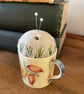 Vintage Susie Cooper coffee cup pincushion with embroidered linen - Image 3
