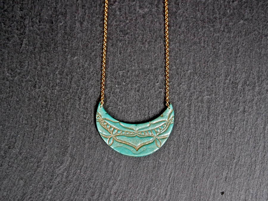 Gold Vermeil Sterling silver Necklace - Mandala turquoise Polymer Clay