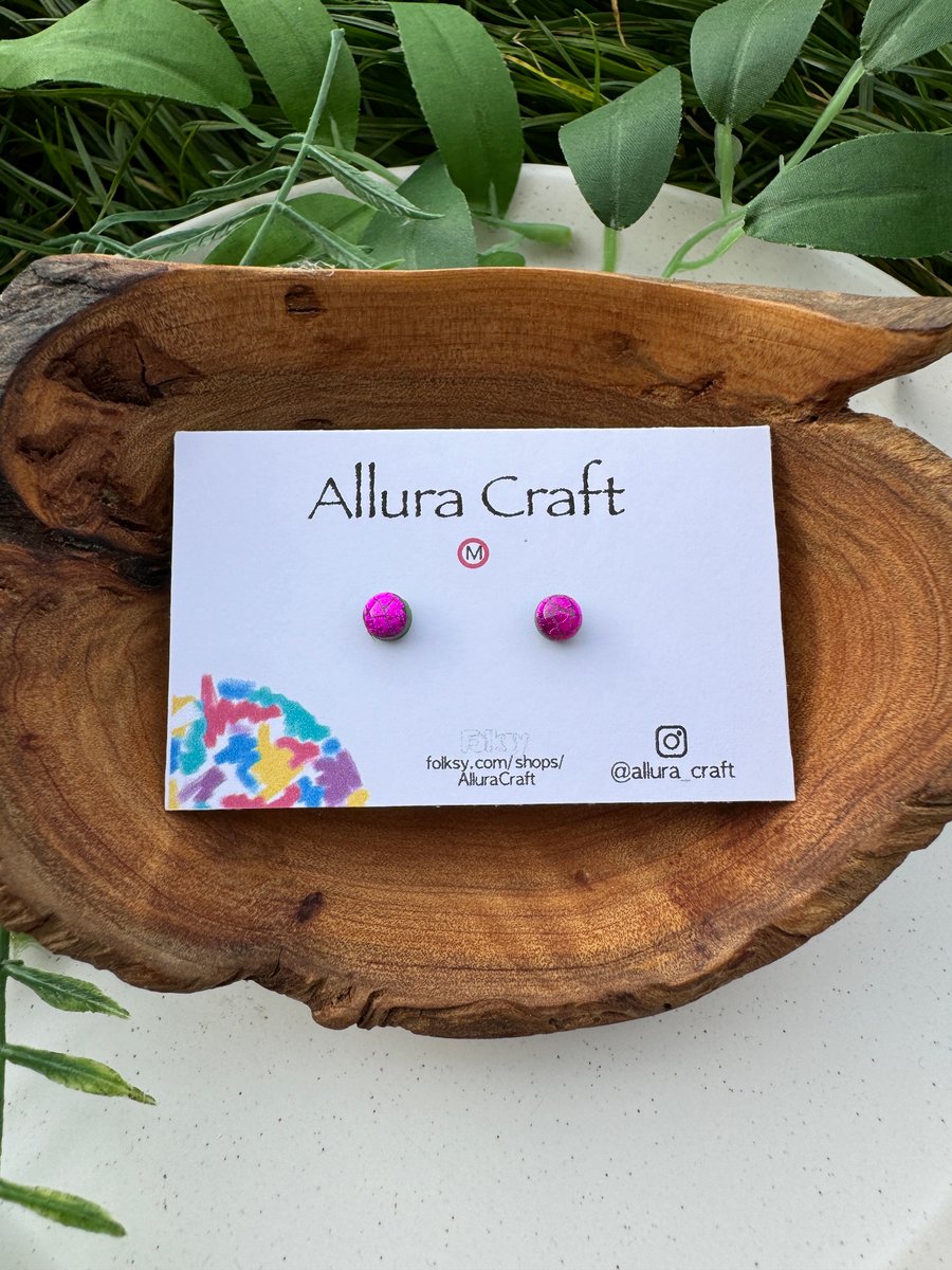 Pink Crackle Circle Studs - Micro