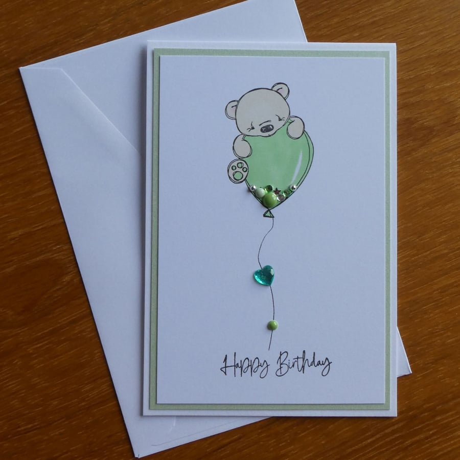 Teddy With Green Balloon Birthday Card