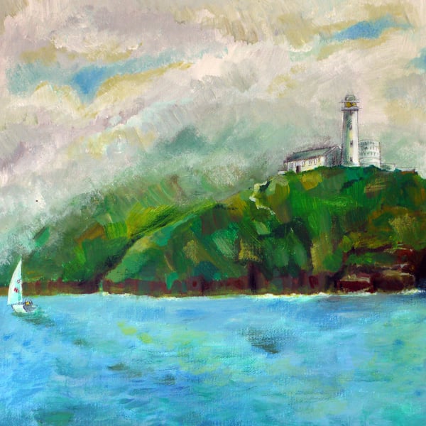Welsh Coastline with Yacht.  Original Acrylic Painting.