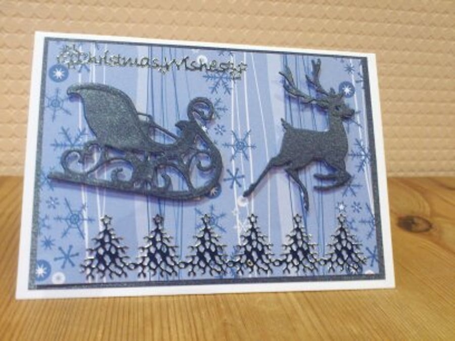 Christmas reindeer with sled card - blue
