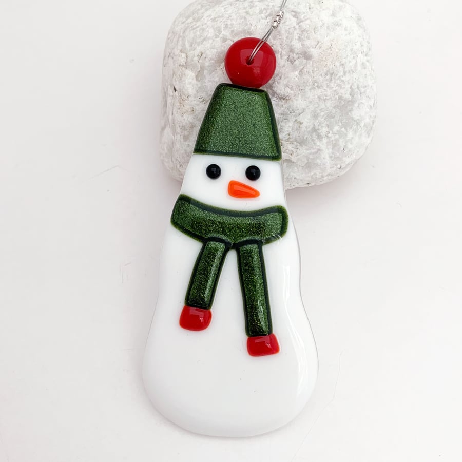 Fused Glass Green and Red Snowman - Handmade Glass Christmas Decoration