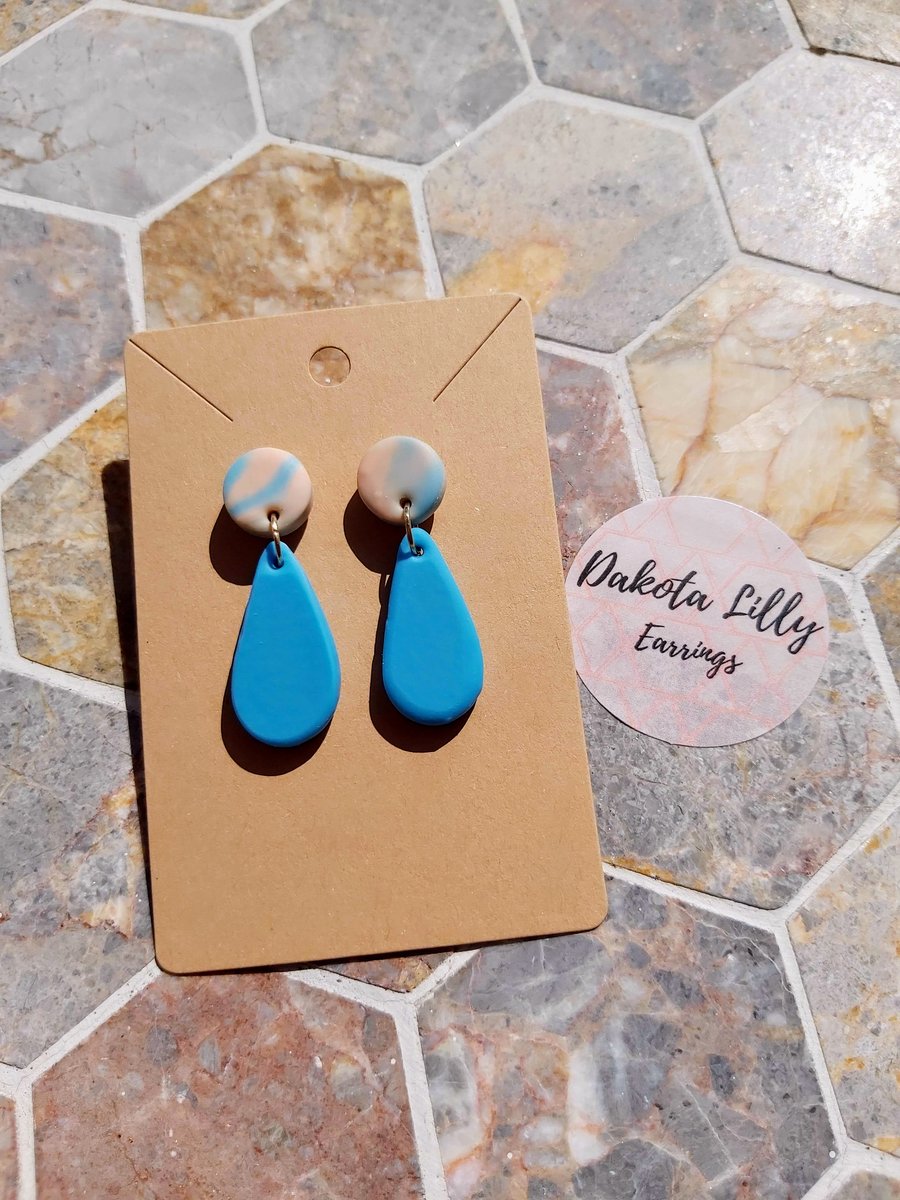 Peach and Blue polymer clay stud with drop earrings
