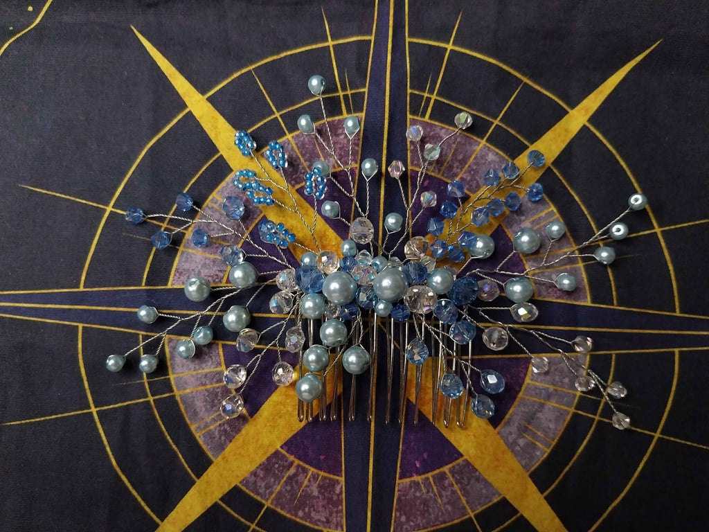 Something blue, glass pearl and crystal hair comb