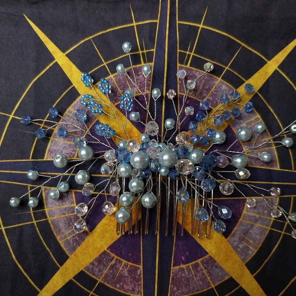 Something blue, glass pearl and crystal hair comb