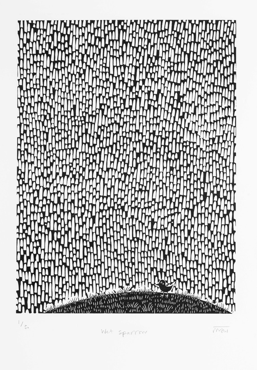 Wet Sparrow - Lino Print - Bird Art 