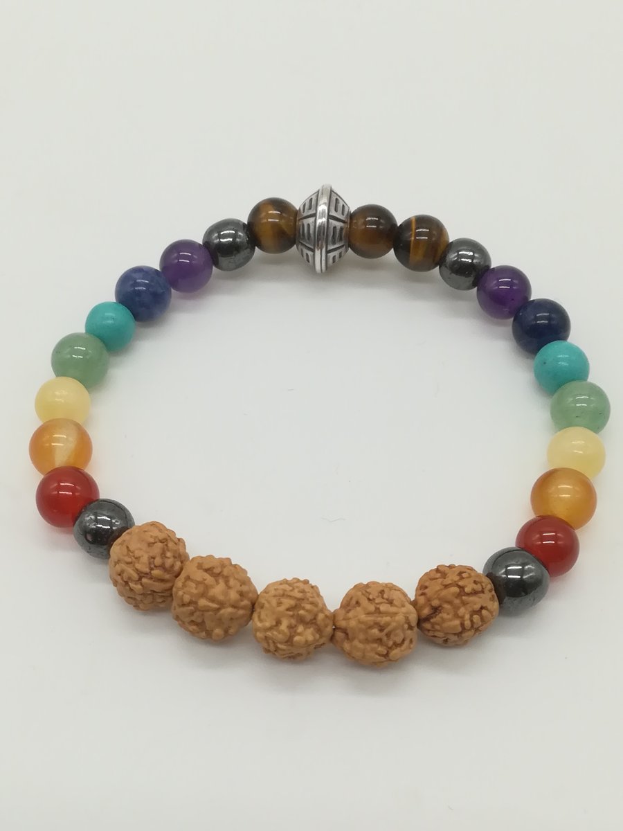 Handmade Chakra gemstones & Rudraksha bead Stack Bracelet - energising balance