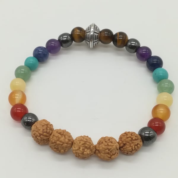 Handmade Chakra gemstones & Rudraksha bead Stack Bracelet - energising balance