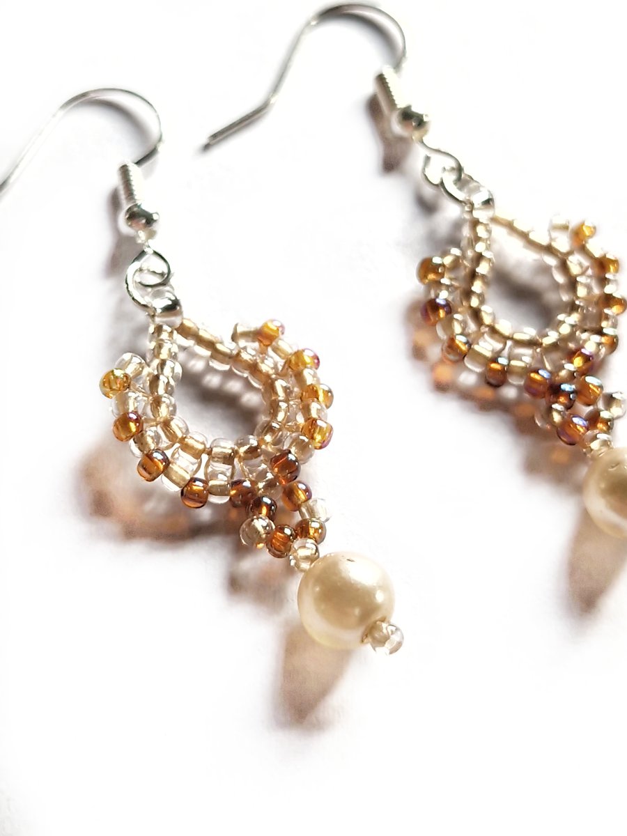 Bronze silver and pearl beaded drop boho earrings