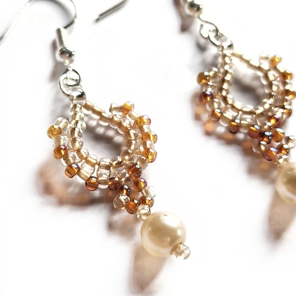 Bronze silver and pearl beaded drop boho earrings